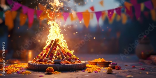 Vibrant Lohri Bonfire with Festive Decorations and Traditional Offerings: Perfect for Indian Culture and Winter Festival Stock Photography