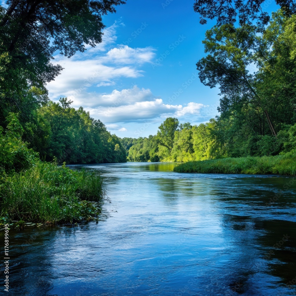 Naklejka premium Serene river flowing through lush green forest under a blue sky with fluffy clouds.