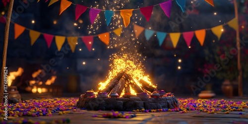 Vibrant Lohri Bonfire with Traditional Decor and Offerings: Festive Indian Celebration Image