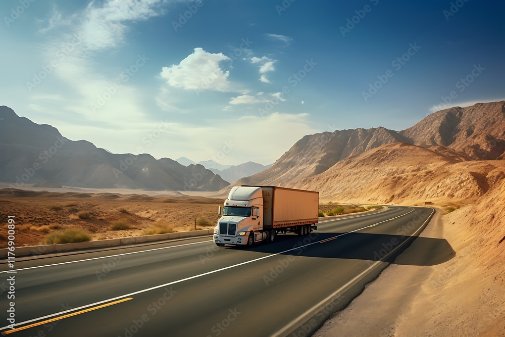 Obraz premium Truck driving along a highway in a desert landscape.