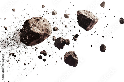 Rocks and debris scattered in a dynamic arrangement against a white background photo