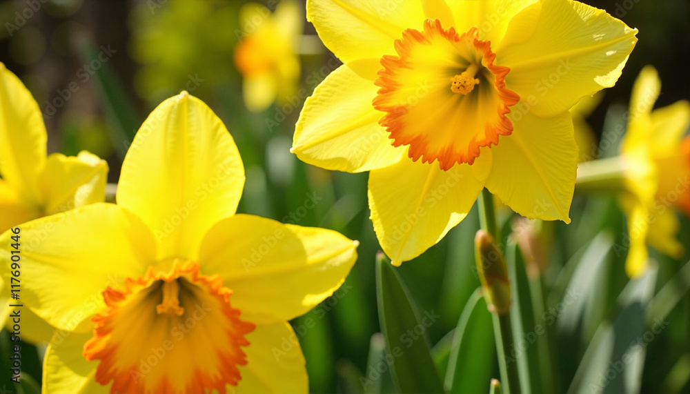 Fresh Spring Yellow Daffodils with Orange Centers in Natural Light Fresh Spring Yellow Daffodils with Orange Centers in Natural Light