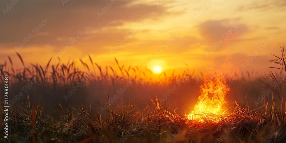 Fototapeta premium Serene Countryside Lohri Celebration: Sugarcane Fields at Sunset