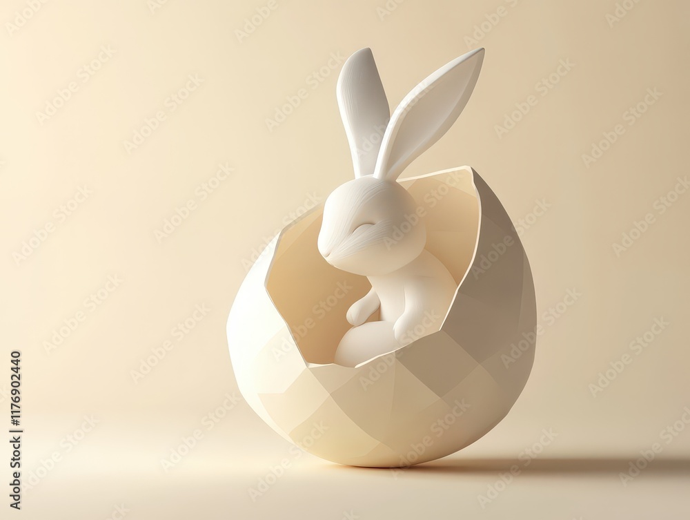 Obraz premium A rabbit inside a cracked eggshell in a minimalist setting