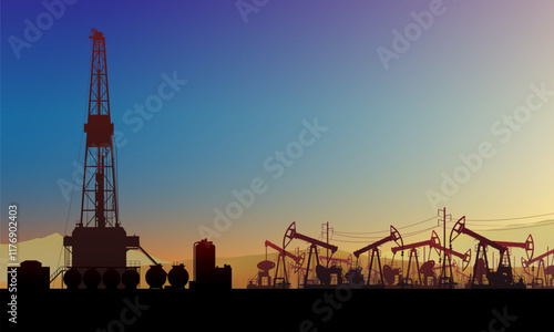 Land crude oil drilling rig, derrick, pumpjack. Oil field, pump jack. Background colorful sky. Gas. Onshore production, industry, business. Silhouette, horizon, desert, dune. Vector illustration