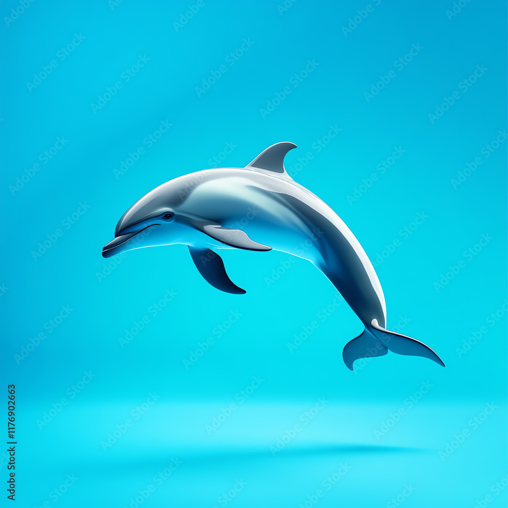 Fototapeta premium A playful dolphin leaps gracefully in vibrant blue waters, showcasing its agility and intelligence in marine environments.