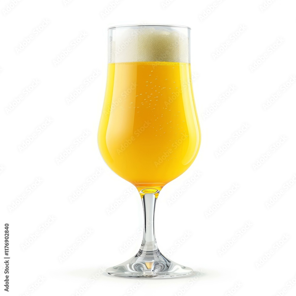 Refreshing golden beer is standing in a tulip glass with foam head on white background Refreshing golden beer is standing in a tulip glass with foam head on white background