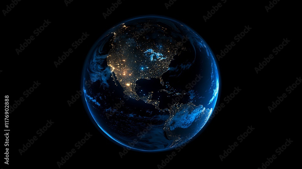 A digital rendering of the Earth, illuminated with nighttime city lights, is shown against a dark background. A digital rendering of the Earth, illuminated with nighttime city lights, is shown against a dark background.