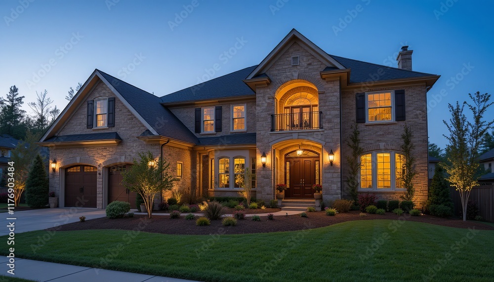 Luxury Home at Dusk: Grand two-story house with stone facade, illuminated at twilight, showcasing architectural details and landscaping. A picture of upscale residential living. Luxury Home at Dusk: Grand two-story house with stone facade, illuminated at twilight, showcasing architectural details and landscaping. A picture of upscale residential living.