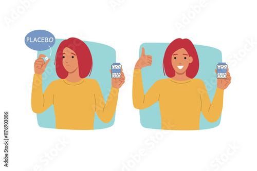Placebo pills in hands of woman consuming pacifier medicine for psychological improvement and relief from pain. Girl shows thumbs up after consuming placebo and holds jar of medicinal vitamins in hand