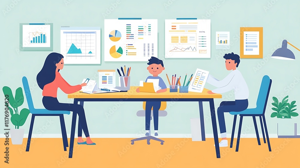 Parents teaching their children about budgeting with charts and diagrams at a well-organized desk Parents teaching their children about budgeting with charts and diagrams at a well-organized desk
