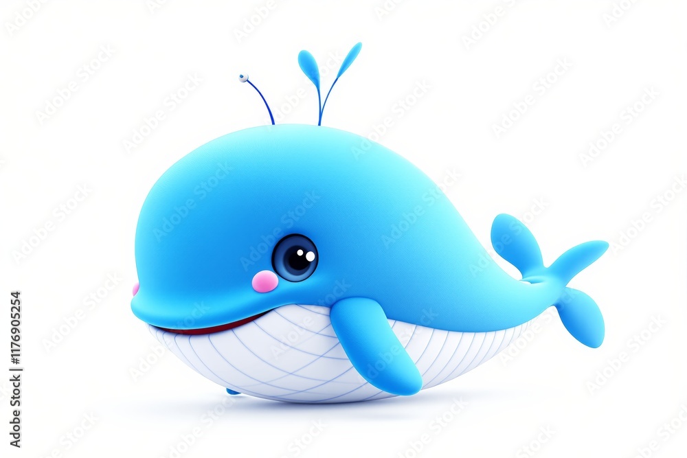 Fototapeta premium Adorable blue cartoon whale with a happy expression, featuring tiny antennas and a rounded shape, set against a white background. Concept of joy, fun. Ai generative