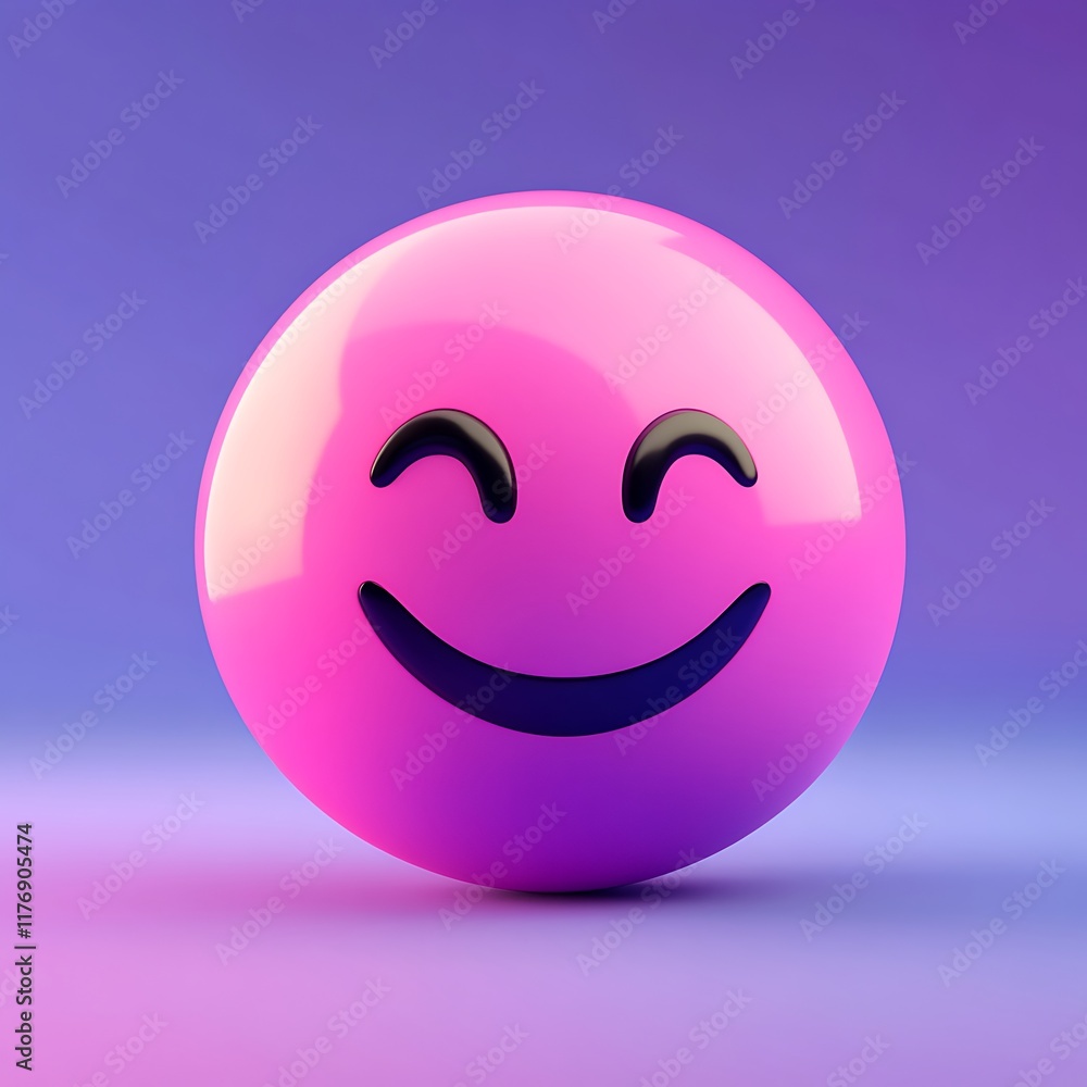 Fototapeta premium Bright pink Smiley emoji against a smooth gradient background of purple to blue