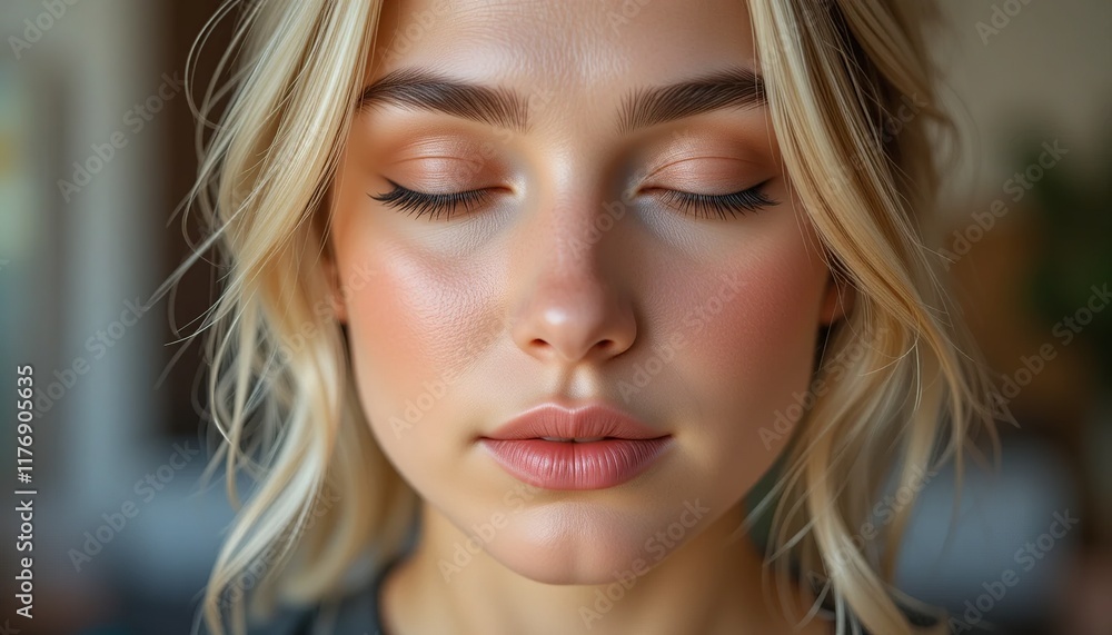 Moment of Tranquility: A close-up portrait of a young woman with blonde hair, eyes closed, radiating inner peace and serenity. The soft lighting accentuates her delicate features. Moment of Tranquility: A close-up portrait of a young woman with blonde hair, eyes closed, radiating inner peace and serenity. The soft lighting accentuates her delicate features.