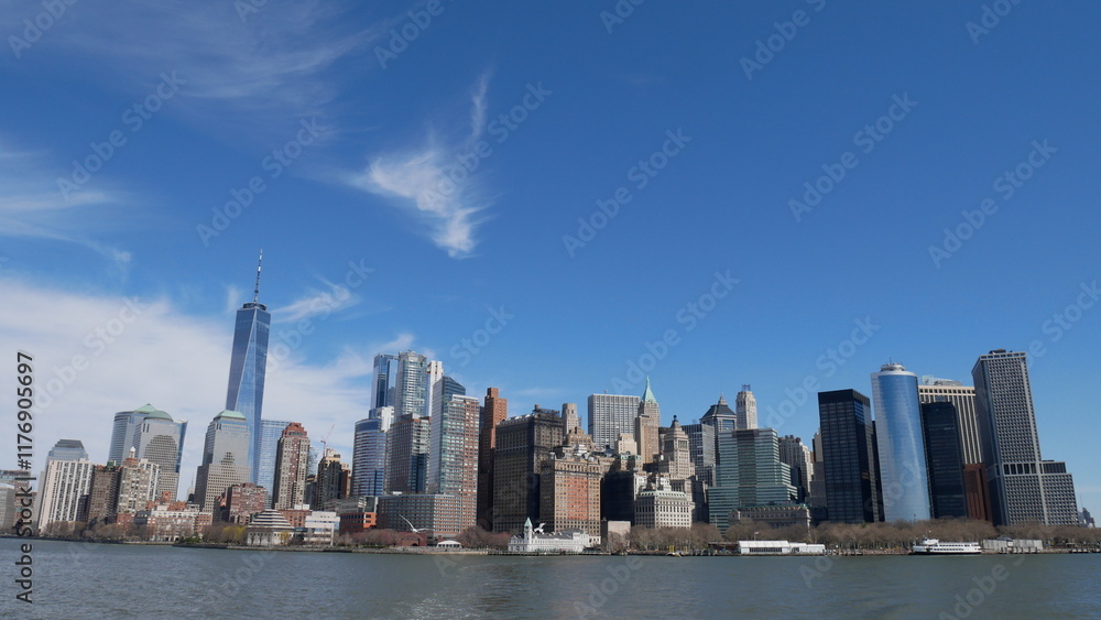 Fototapeta premium Manhattan skyline, New York City, NYC, horizon, gratte-ciel, architecture, ville, urbain, métropole, États-Unis, Amérique, Big Apple, Empire State Building, One World Trade Center, Freedom Tower, Chry