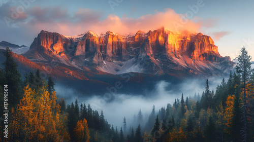 A breathtaking photography of Mount Yamnuska at sunrise, with the rugged cliffs illuminated by golden light, surrounded by dense pine forests and mist lingering in the valleys. photo