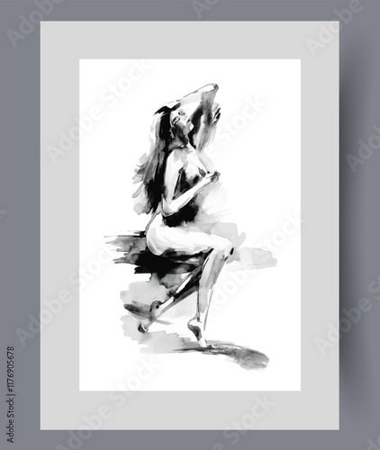 Nude girl in erotic portrait with passionate lady without clothes on wall art. Watercolor artwork. Print with erotic girl dreams of intimacy with man, in frame with decor for poster