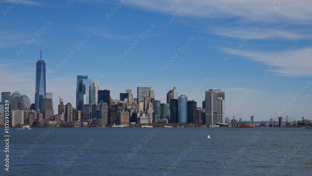 Obraz premium Manhattan skyline, New York City, NYC, horizon, gratte-ciel, architecture, ville, urbain, métropole, États-Unis, Amérique, Big Apple, Empire State Building, One World Trade Center, Freedom Tower, Chry