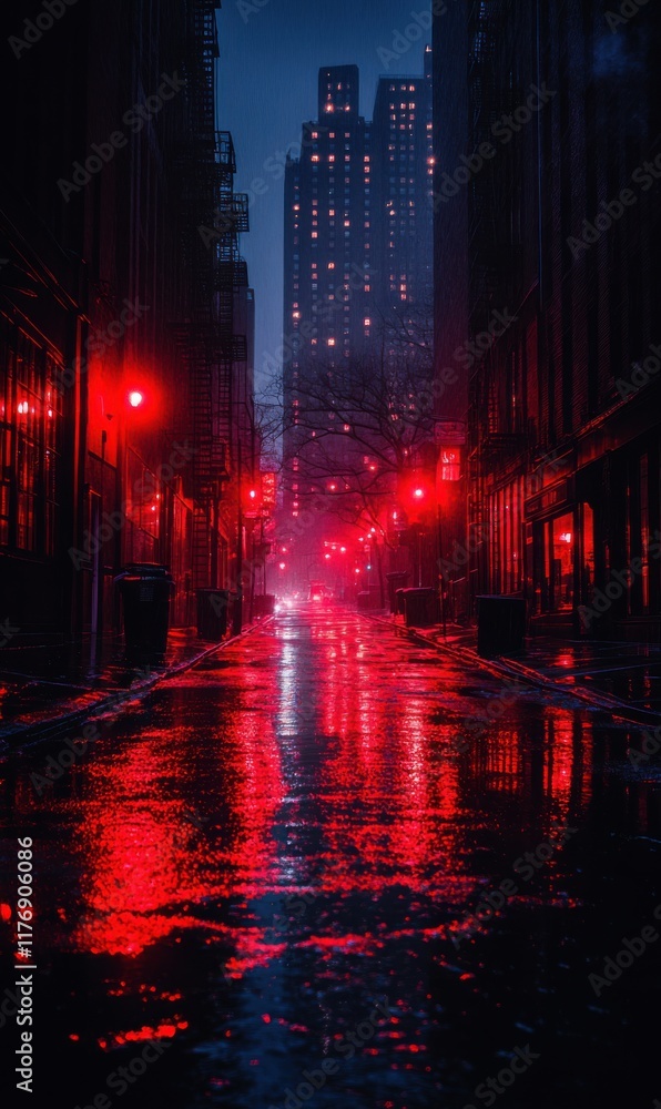 City alley illuminated by red lights during nighttime rain