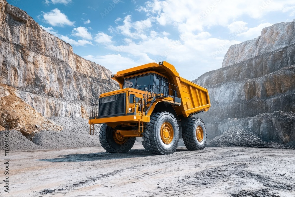 Heavy dump truck operating in a mining site under clear blue skies Heavy dump truck operating in a mining site under clear blue skies