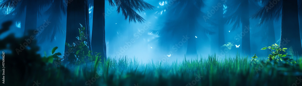 Fototapeta premium A serene forest scene enveloped in mystic blue light, showcasing lush grass and ethereal ambiance for nature lovers.