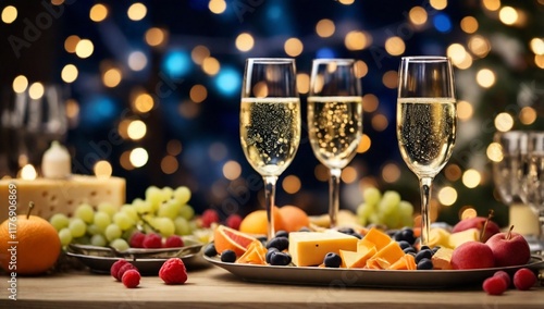 Still life shot of empty champagne flutes served with fruit and cheese platters on festive dinner table while Christmas lights glowing in blurred background, copy space
