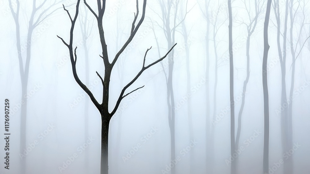 Fototapeta premium Misty forest with bare trees creating a serene atmosphere.