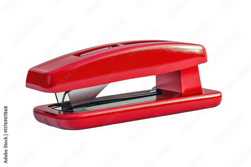 Bright red stapler placed on a clean white background for office use and organization tasks Bright red stapler placed on a clean white background for office use and organization tasks