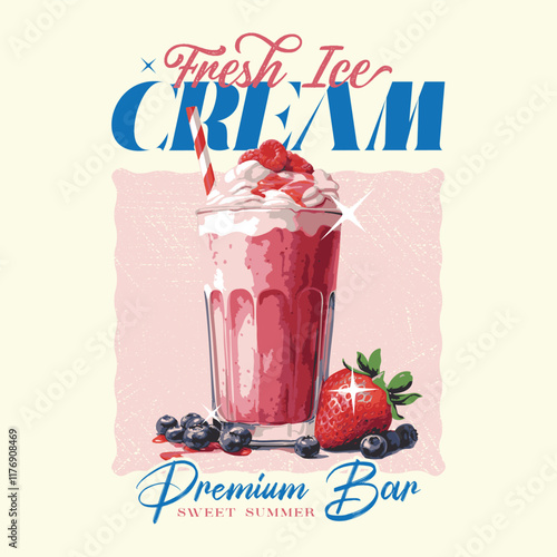 Strawberry ice cream. Fresh ice cream graphic print design for t shirt, apparel, posters, background and others. Ice cream lovers. Sweet club. Ice cream bar hand drawn vector art