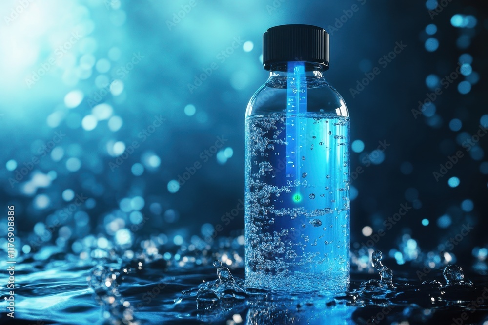 Bright blue water bottle illuminated in a splash of water droplets against a dark background Bright blue water bottle illuminated in a splash of water droplets against a dark background