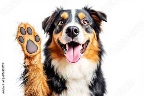 Happy dog with raised paw, playful expression, bright white background, showcasing joy, loyalty, and friendliness. Ai generative photo