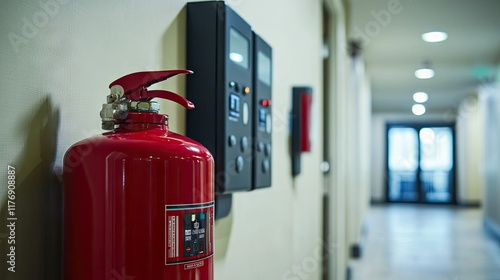 A close-up of a red fire extinguisher tank installed in a residential building lobby, paired with a fire alarm panel photo