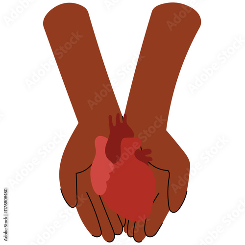 Two dark skin hands holding a human heart, symbolizing care and life-saving generosity. National Organ Donor day.