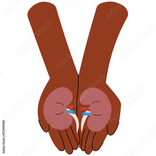 Two dark skin hands holding a human kidney, symbolizing care and life-saving generosity. National Organ Donor day.