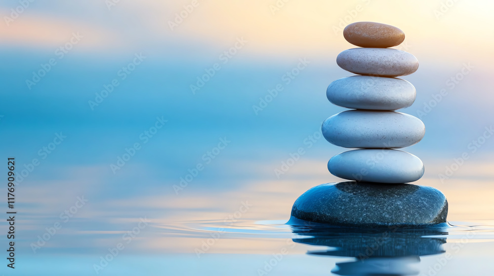 A serene stack of smooth stones balanced on a rock in calm water, symbolizing peace and tranquility. A serene stack of smooth stones balanced on a rock in calm water, symbolizing peace and tranquility.