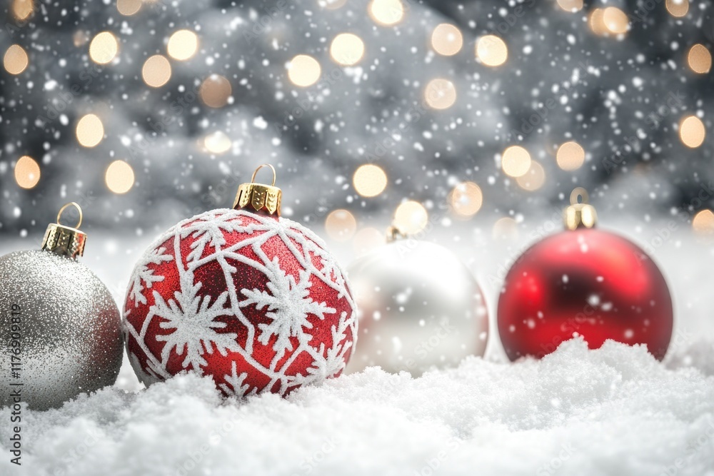 A Festive Christmas Scene: Ornamented baubles in the snow with bokeh lights in the background A Festive Christmas Scene: Ornamented baubles in the snow with bokeh lights in the background