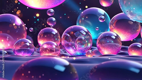 Vibrant Abstract Bubbles with Iridescent Glow and Reflective Surfaces in a Colorful Digital Art Style

 photo