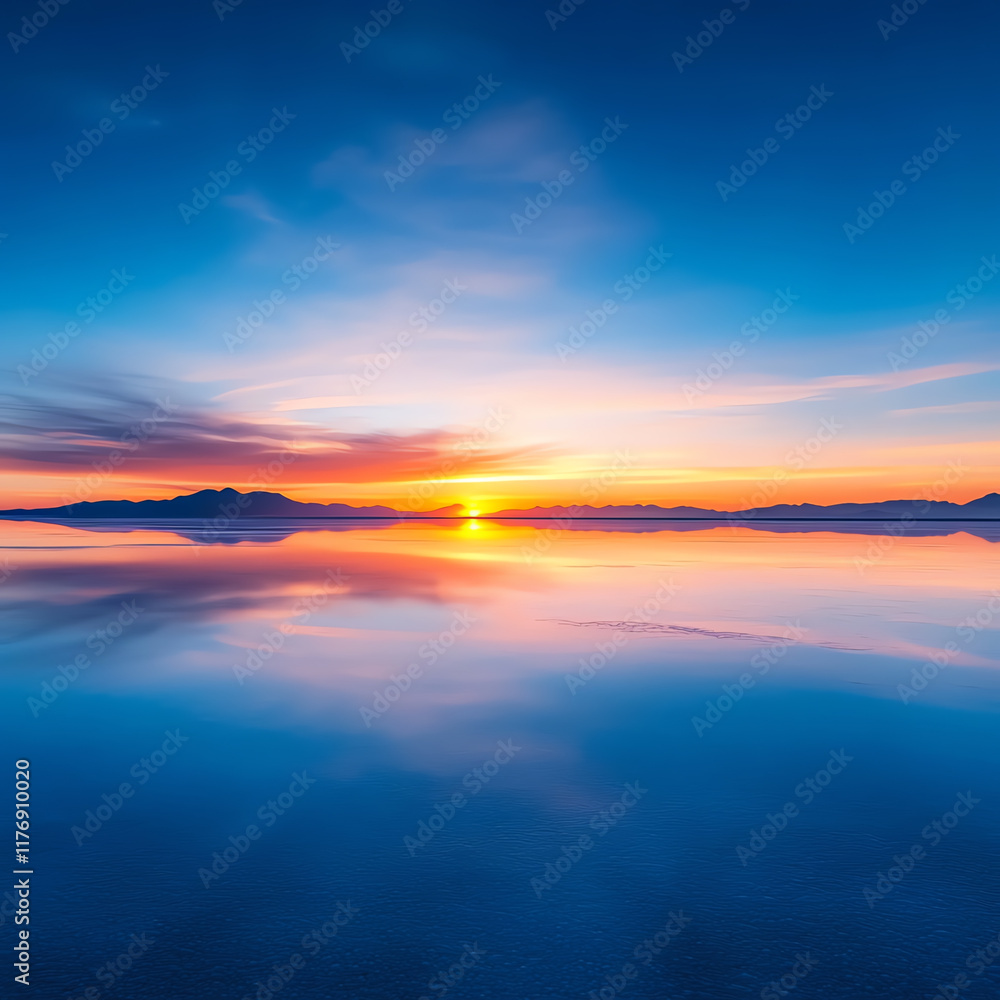 Fototapeta premium A serene sunset reflected on calm waters, showcasing vibrant orange and blue hues in a tranquil natural setting.