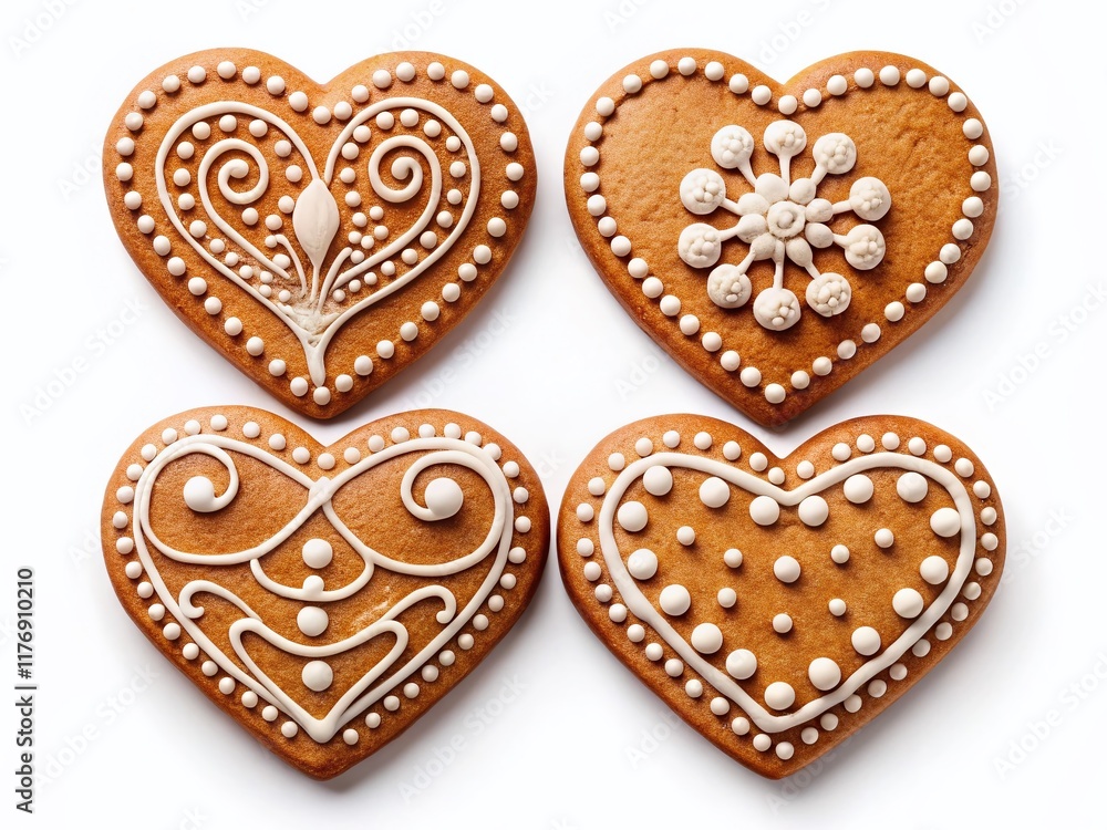 Homemade Heart Shaped Gingerbread Cookies Isolated on White Background - Perfect for Valentine's Day or Christmas Homemade Heart Shaped Gingerbread Cookies Isolated on White Background - Perfect for Valentine's Day or Christmas