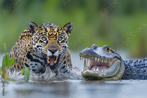 Front view dramatic action of a jaguar attacking a caiman