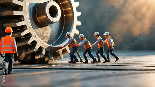 Team of Workers Moving a Large Industrial Gear in Outdoor Setting with Precision and Coordination

 photo