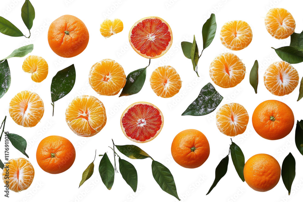 Fresh citrus fruits displayed with vibrant colors and green leaves on a white background Fresh citrus fruits displayed with vibrant colors and green leaves on a white background