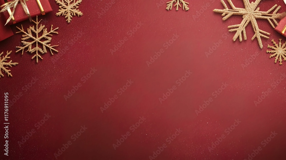 Golden snowflakes falling on soft red background holiday theme graphic design festive atmosphere aesthetic viewpoint artistic concept Golden snowflakes falling on soft red background holiday theme graphic design festive atmosphere aesthetic viewpoint artistic concept