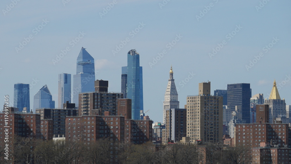 Obraz premium Manhattan skyline, New York City, NYC, horizon, gratte-ciel, architecture, ville, urbain, métropole, États-Unis, Amérique, Big Apple, Empire State Building, One World Trade Center, Freedom Tower, Chry