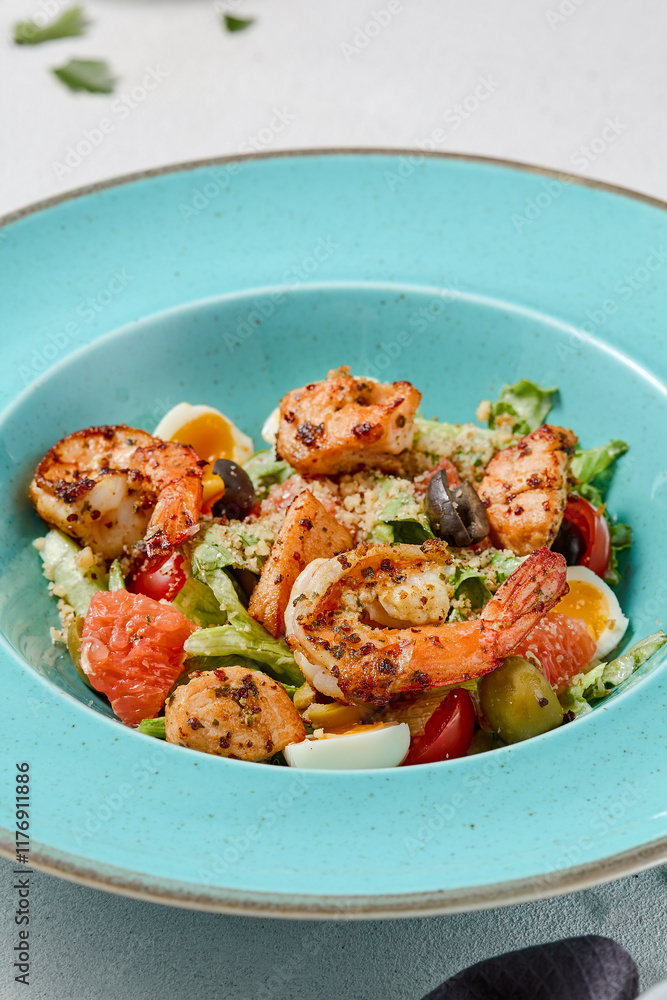 Minimalist Caesar Salad with Shrimp - Vibrant and Fresh Composition in Cool Tones Minimalist Caesar Salad with Shrimp - Vibrant and Fresh Composition in Cool Tones