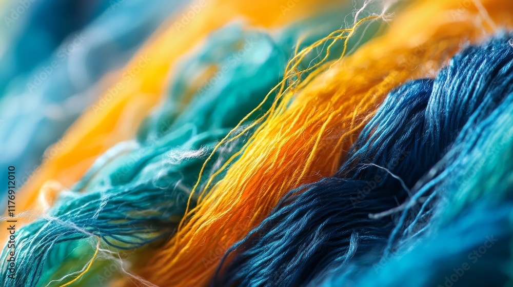 Obraz premium Vibrant textile threads in turquoise, yellow, orange, emerald green, navy blue, macro photography, tangled fiber textures, artistic arrangement, soft white background, high-resolution detail, silky