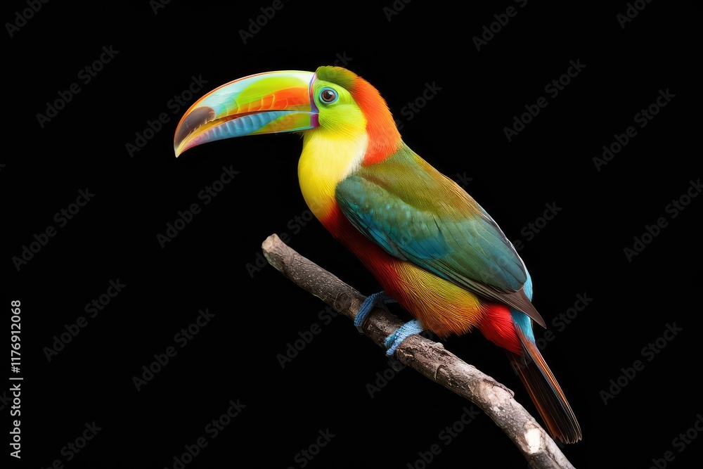 Fiery-billed aracari perched on branch, vibrant plumage on display Fiery-billed aracari perched on branch, vibrant plumage on display