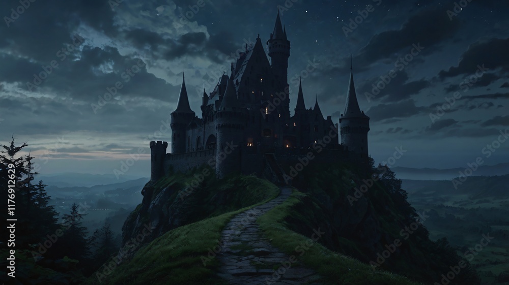 Dark, Enchanted Castle Standing at the Edge of a Jagged Cliff with a Pale Moonlight Background Dark, Enchanted Castle Standing at the Edge of a Jagged Cliff with a Pale Moonlight Background