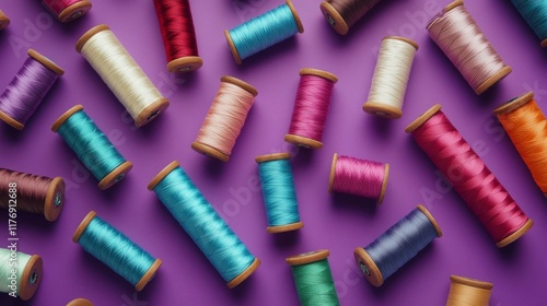 Modern haberdashery display with turquoise, deep crimson, pale cream, olive brown threads, perfectly aligned spools, dreamy purple background, top-down perspective, studio lighting photo