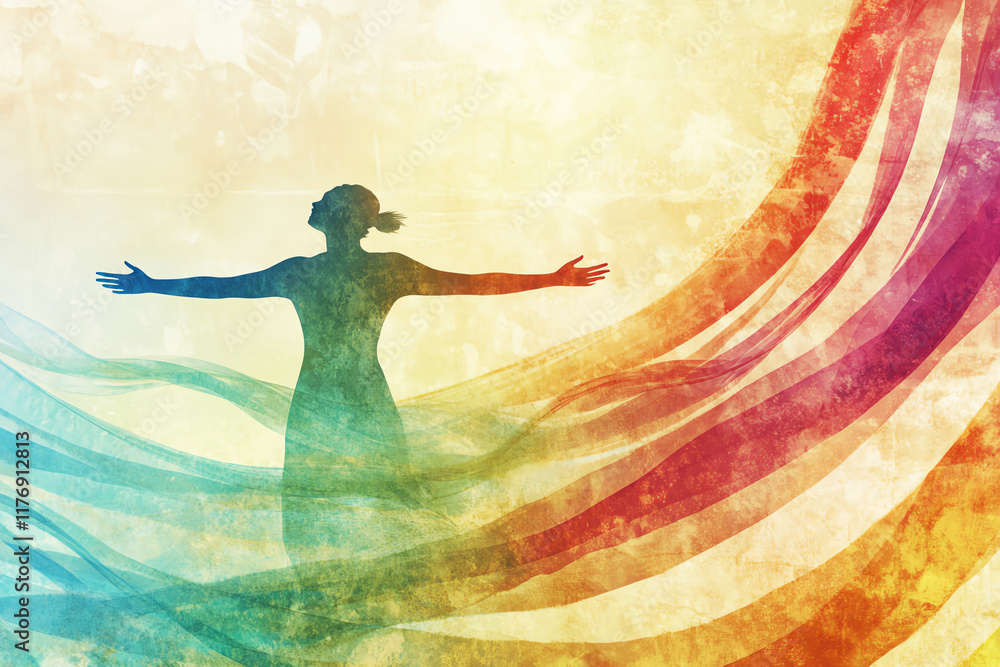 Naklejka premium A colorful representation of freedom and expression through vibrant flowing ribbons surrounding a silhouetted figure.